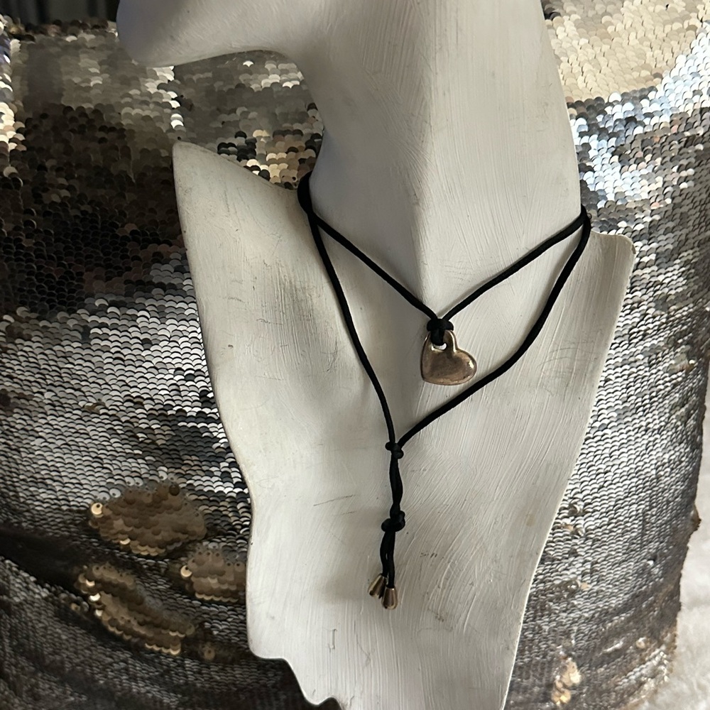 Silver Heart Pendant Necklace on Black Cord - Women's Jewelry
